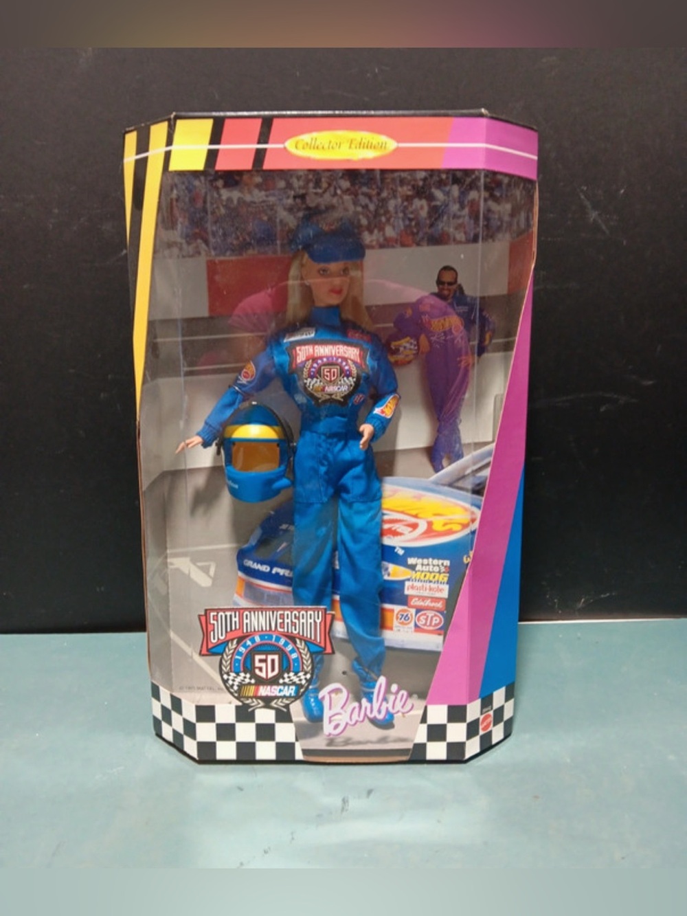 NEW IN BOX 1998 Barbie 50th Anniversary NASCAR Driver Doll - Blue Race Suit